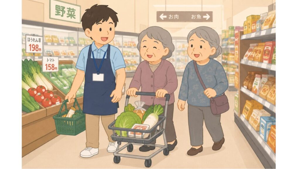 グループホームで職員と一緒に入居者が買い物をしている